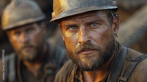 Close-up portrait of a determined miner, dirt-stained and wearing a hard hat, with a colleague blurred in the background.