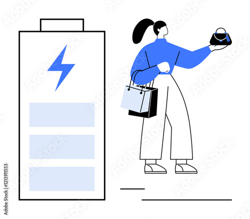 Woman holding shopping bags and handbag representing replenishing energy, large battery symbol with lightning bolt. Ideal for retail, recharging, consumerism, vitality, lifestyle, energy