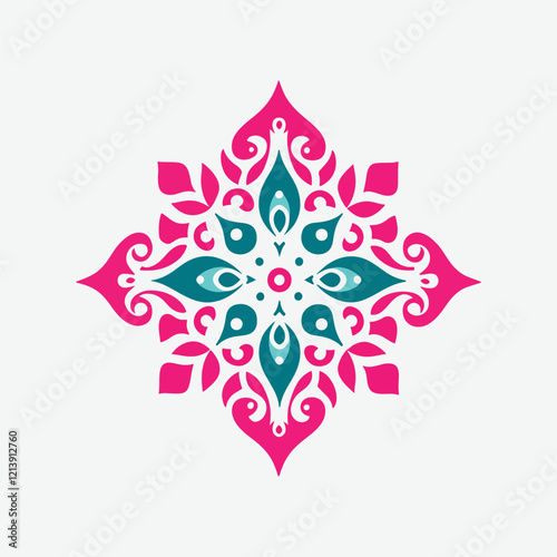 Ornate Decorative Design in Teal and Pink. Symmetrical, decorative design features intricate teal and pink floral patterns.