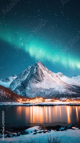 Majestic Mountain Reflecting Northern Lights Over Serene Lake in a Starry Night Sky - A Breathtaking Natural Landscape