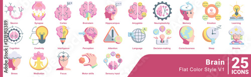 Brain icon set 25 in Flat Color style