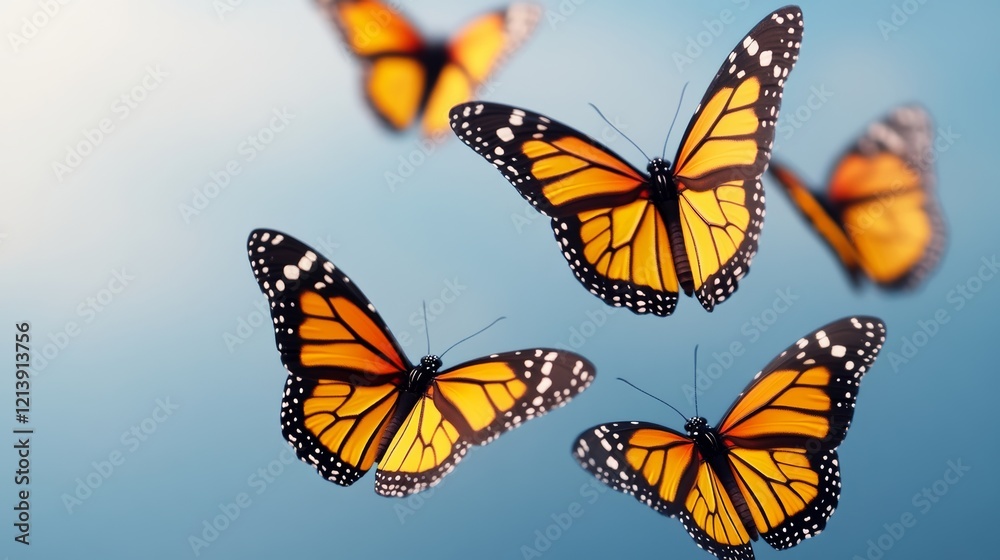 Obraz premium Three orange butterflies flying in the sky. The butterflies are in different positions and angles, creating a sense of movement and freedom. The blue sky in the background adds a sense of calmness