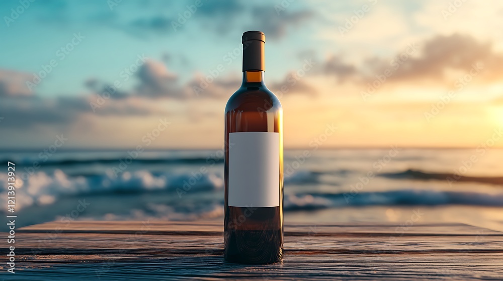 A wine bottle with an empty mockup label standing on a beach table with waves in the background. A wine bottle with an empty mockup label standing on a beach table with waves in the background.