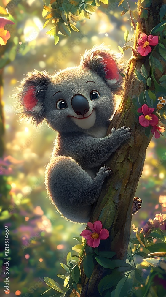 Fototapeta premium Adorable Cartoon Koala Snuggling Up to Tree in Lively Forest Scenery