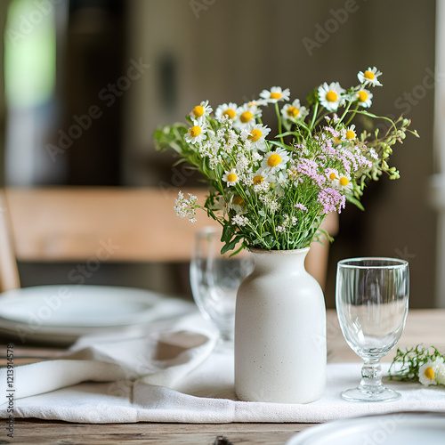 A small vase with wildflowers or a few sprigs of fresh herbs like rosemary or thyme, adding a touch of nature to the table.
