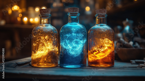 Enchanting elixirs glowing in glass bottles amidst a magical apothecary setting