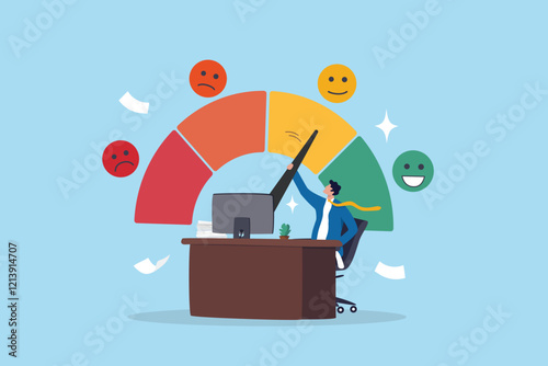 Job satisfaction, work environment wellbeing, office quality happiness, work life balance score rating, career growth or workload concept, businessman working at office desk with satisfaction rating.