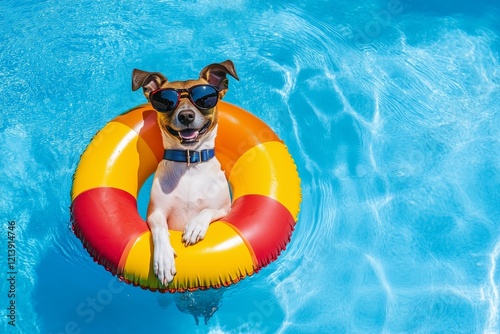 Happy dog with sunglasses and floating ring in summer vacation.