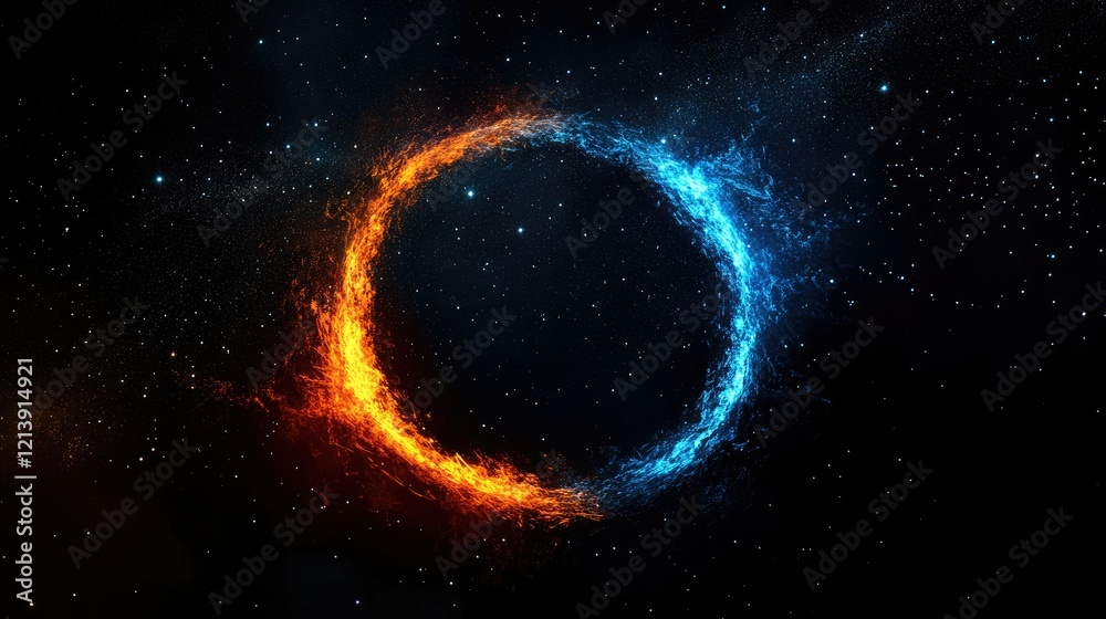 A star exploding in space, with an orange and blue glow around it, forming the shape of a circle, with stars visible in the background