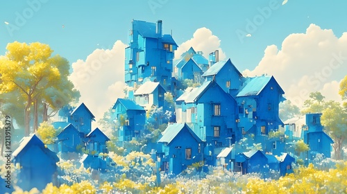 Miniature blue houses created with generative AI, ideal for architectural or conceptual design work. photo