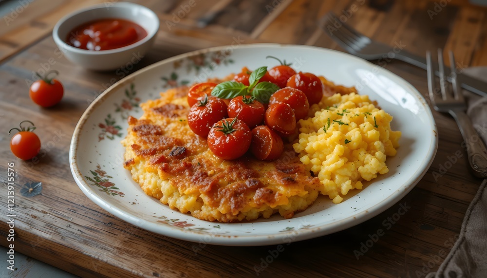 Crispy golden hash browns served with a side of scrambled eggs, roasted cherry tomatoes, and a small bowl of tomato ketchup. Crispy golden hash browns served with a side of scrambled eggs, roasted cherry tomatoes, and a small bowl of tomato ketchup.