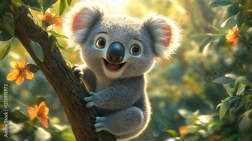 Cheerful Cartoon Koala Clinging to Tree Branch in Lush Forest Clearing