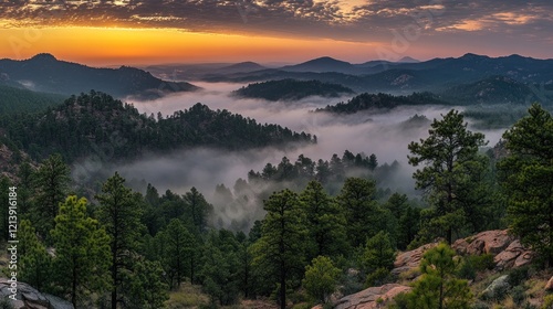Majestic Sunrise Over Foggy Mountain Landscape