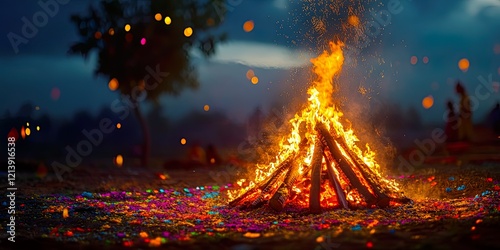 Vibrant Holika Dahan Festival Bonfire with Colorful Lights at Night