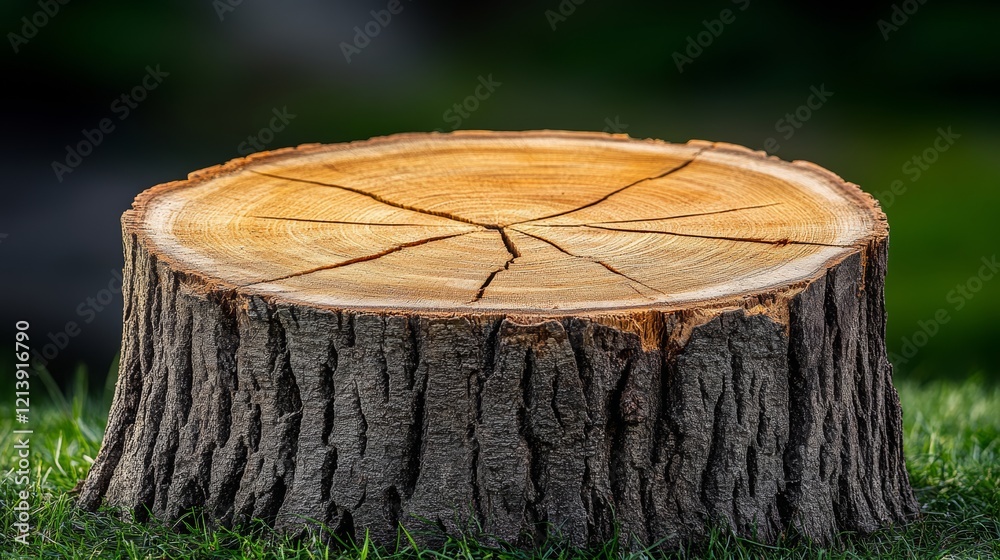 Large tree stump sits in a grassy field. The stump is surrounded by green grass and has a natural, rustic appearance. Concept of tranquility and peacefulness Large tree stump sits in a grassy field. The stump is surrounded by green grass and has a natural, rustic appearance. Concept of tranquility and peacefulness