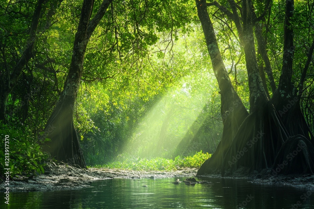 Obraz premium Dense and lush mangrove forests, morning spotlights, muddy areas of mangrove forests in the river area