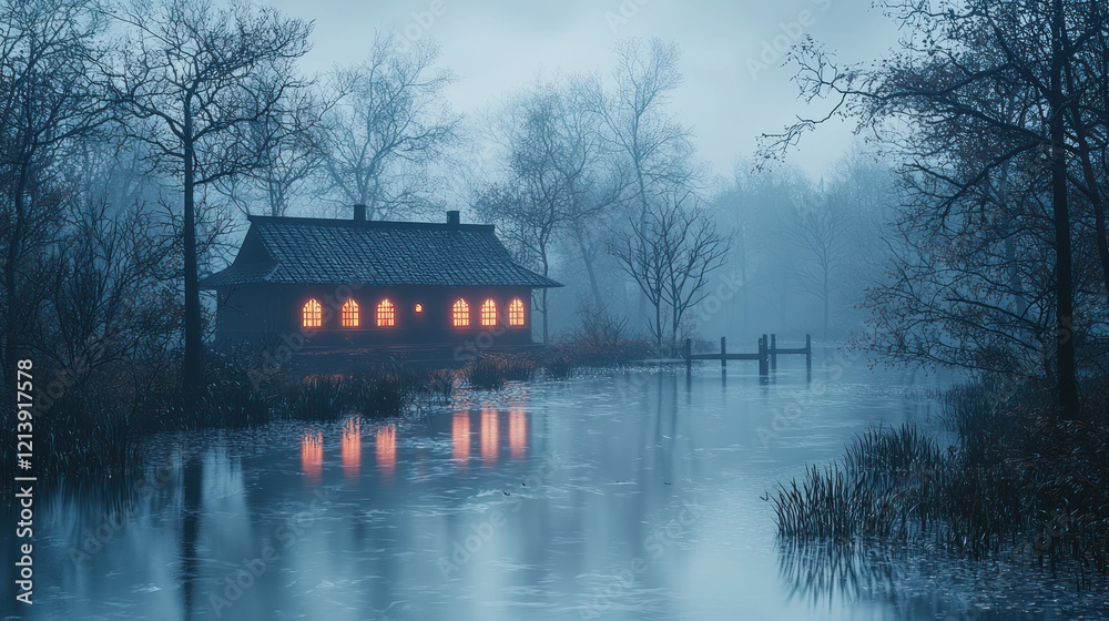 Fototapeta premium Lakeside House in a Misty Forest at Night: A Serene Digital Painting