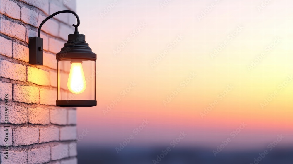 Modern Wall Light Fixture Glowing Softly Against a Beautiful Sunset Background Modern Wall Light Fixture Glowing Softly Against a Beautiful Sunset Background