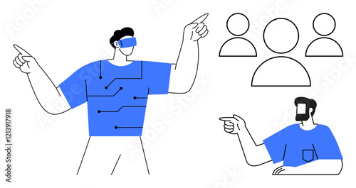 Wallpaper Mural Man using VR headset and wearable circuits, person pointing, group icons. Ideal for technology, VR experience, innovation, teamwork, communication, digital transformation connectivity abstract line Torontodigital.ca
