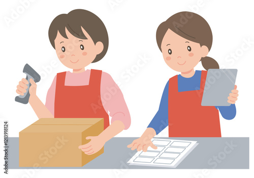 倉庫で作業をするエプロン姿の女性