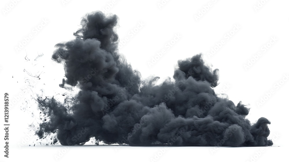 Organic black smoke drifting isolated on a white background with fluid motion