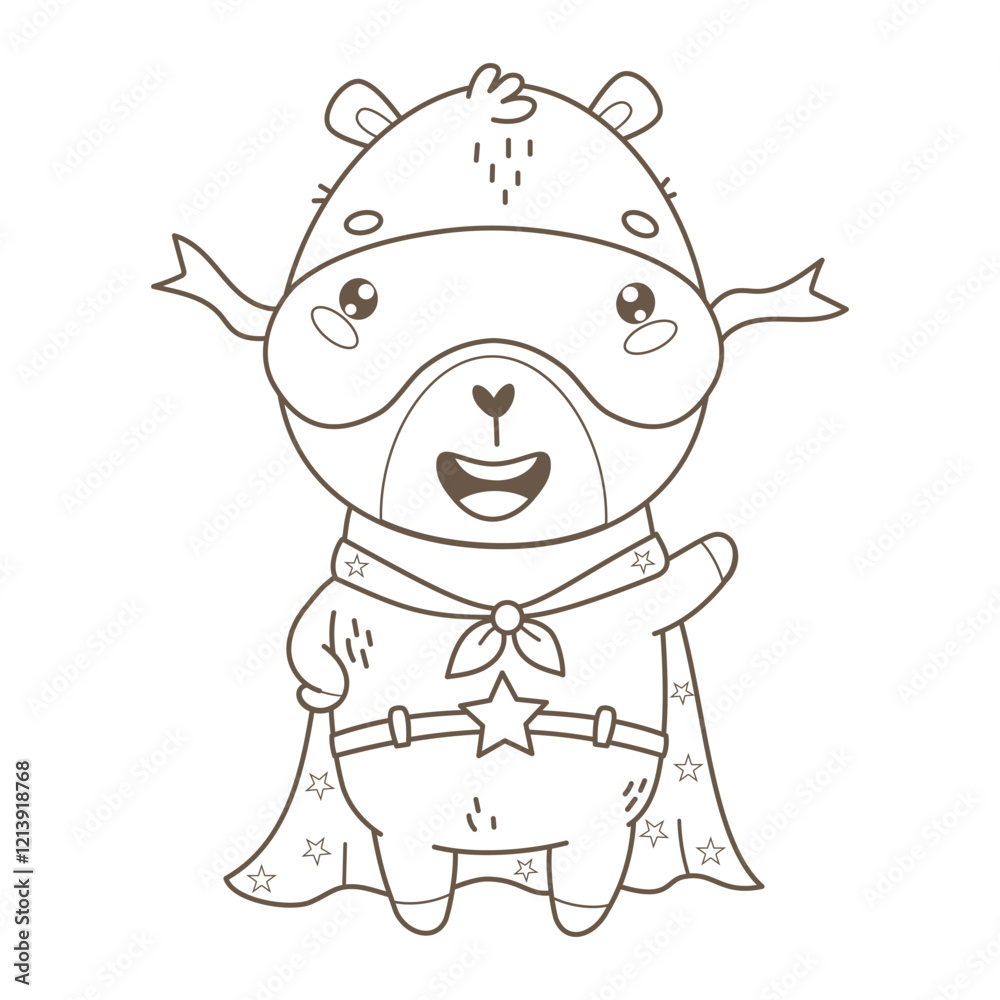 Outline cartoon Capybara Superhero in mask and star cloak. Funny kawaii character animal. Line drawing, coloring book. Vector illustration. Kids collection Outline cartoon Capybara Superhero in mask and star cloak. Funny kawaii character animal. Line drawing, coloring book. Vector illustration. Kids collection