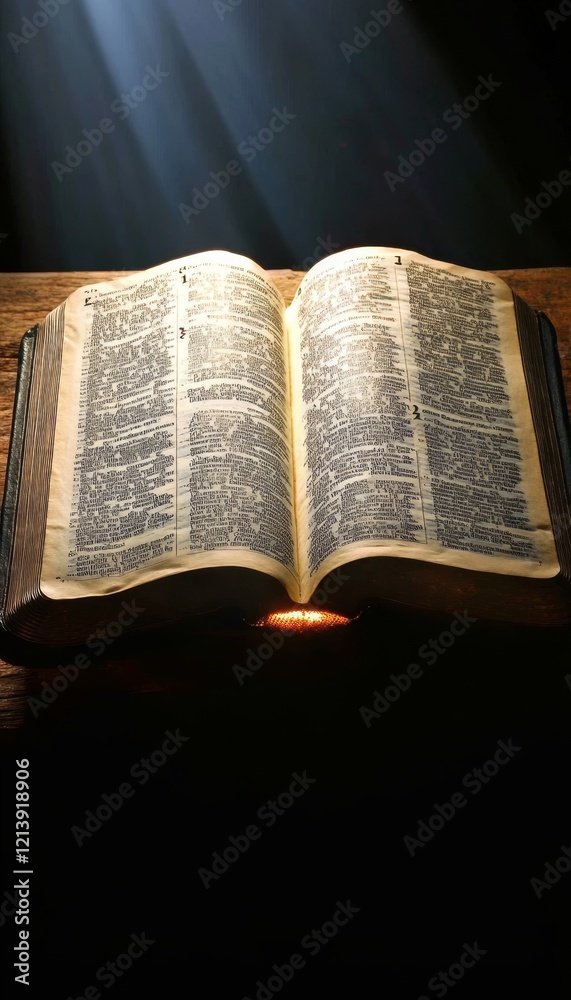 Fototapeta premium Open Antique Bible Illuminated By Beams Of Light. Spiritual Enlightenment, Religious Text.