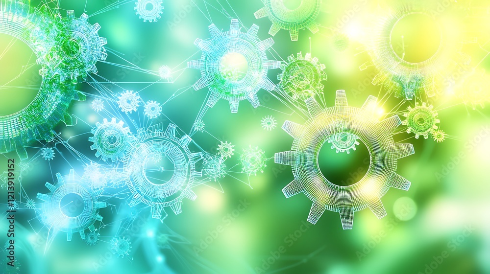 A series of interconnected 3D gears and plants, representing the symbiotic relationship between resources and innovation, soft glowing green and blue tones, warm ambient light creating a futuristic A series of interconnected 3D gears and plants, representing the symbiotic relationship between resources and innovation, soft glowing green and blue tones, warm ambient light creating a futuristic