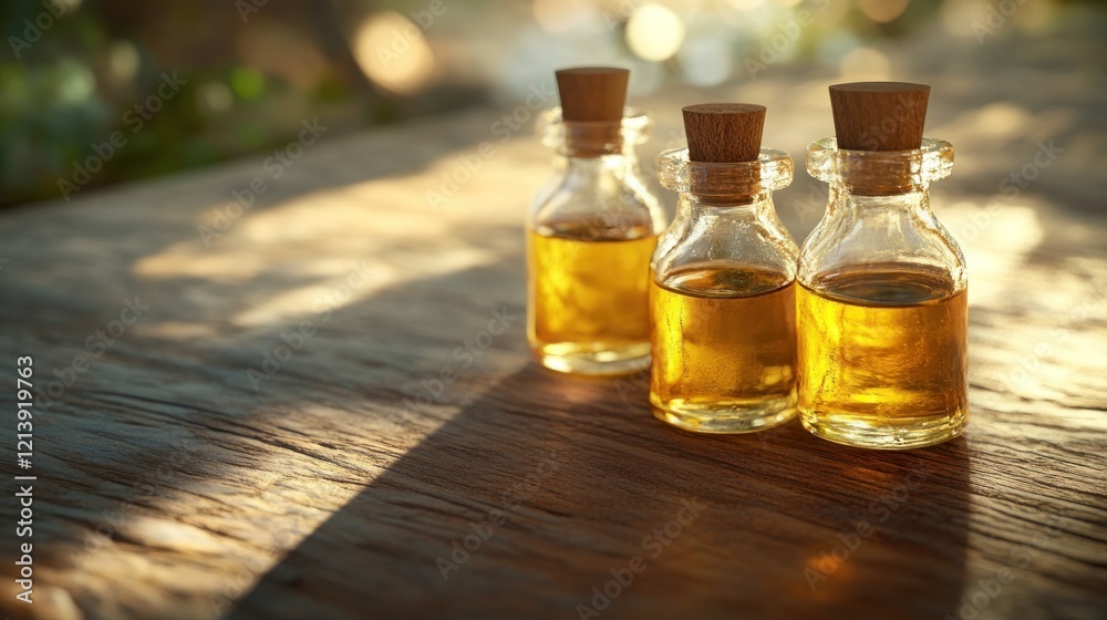 Golden oils in glass bottles on wood, sunlit garden Golden oils in glass bottles on wood, sunlit garden