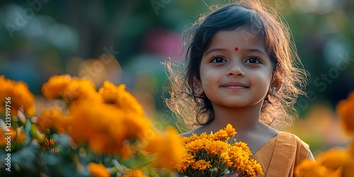 Joyful Child with Flowers Celebrates Guru Ravidas Jayanti photo