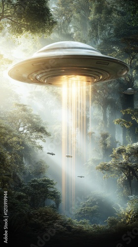 Mysterious craft hovers above enchanted alien forest as light beams pierce lush foliage photo