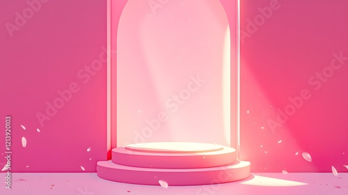 Minimalist pink podium on a dark pink background with soft shadows, offering a sleek product display platform