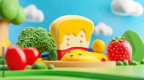 Colorful Playful Landscape with Bread, Cheese, and Fruits Toys photo