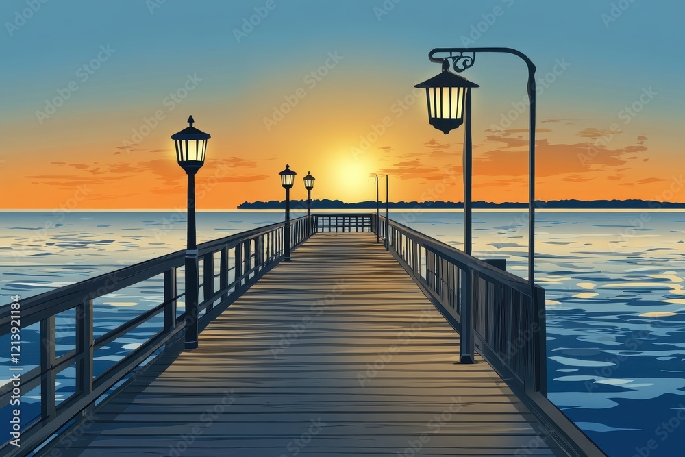 Tranquil Sunset Over Water with Pier and Lanterns, Creating a Serene Atmosphere for Reflection and Relaxation by the Shoreline in an Artistic Style Tranquil Sunset Over Water with Pier and Lanterns, Creating a Serene Atmosphere for Reflection and Relaxation by the Shoreline in an Artistic Style