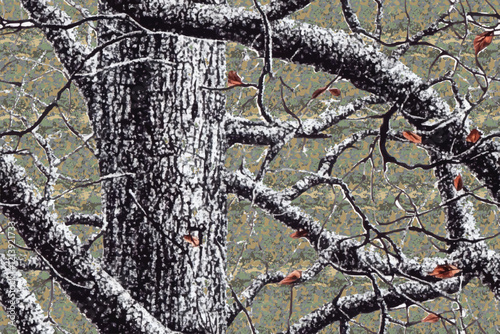 close-up of branches with leaves. The background is a camouflage pattern, resembling an Asian tree camo wallpaper 