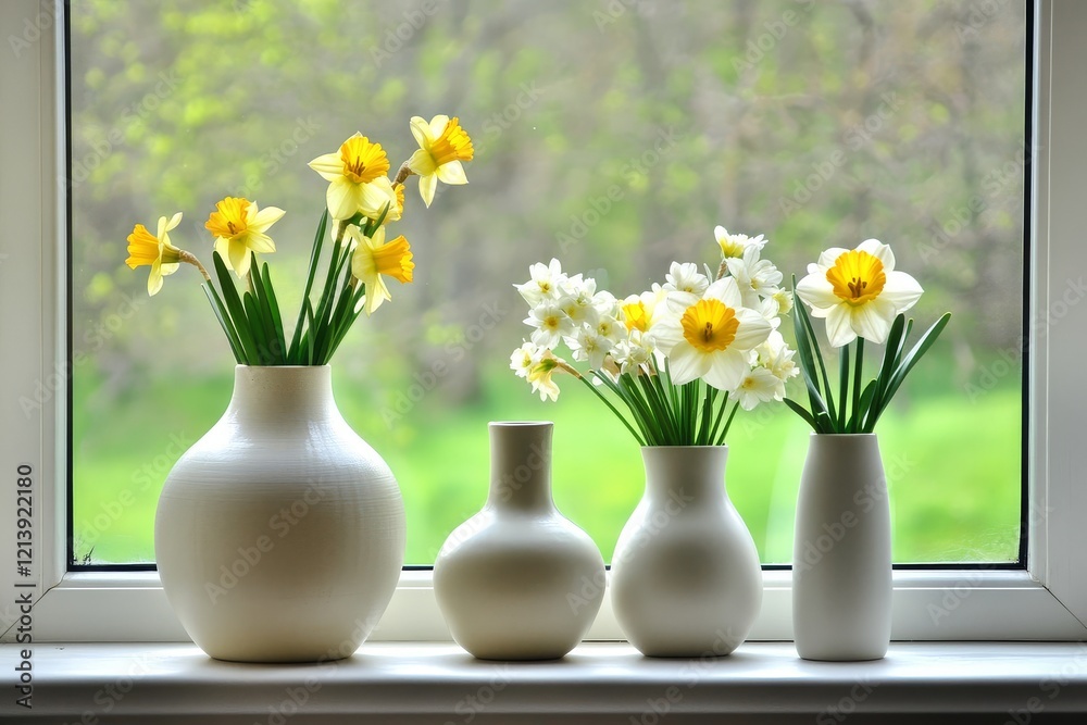 White vases with yellow and white daffodils on windowsill, natural light, springtime scene with green grass outside and soft focus. Fresh, beautiful details and bright colors. White vases with yellow and white daffodils on windowsill, natural light, springtime scene with green grass outside and soft focus. Fresh, beautiful details and bright colors.