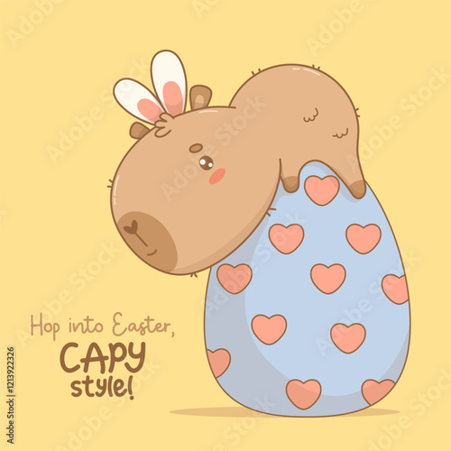Easter Capybara in bunny ears on big paschal egg. Happy cartoon kawaii animal. Vector illustration. Holiday cool card with congratulation. Kids collection