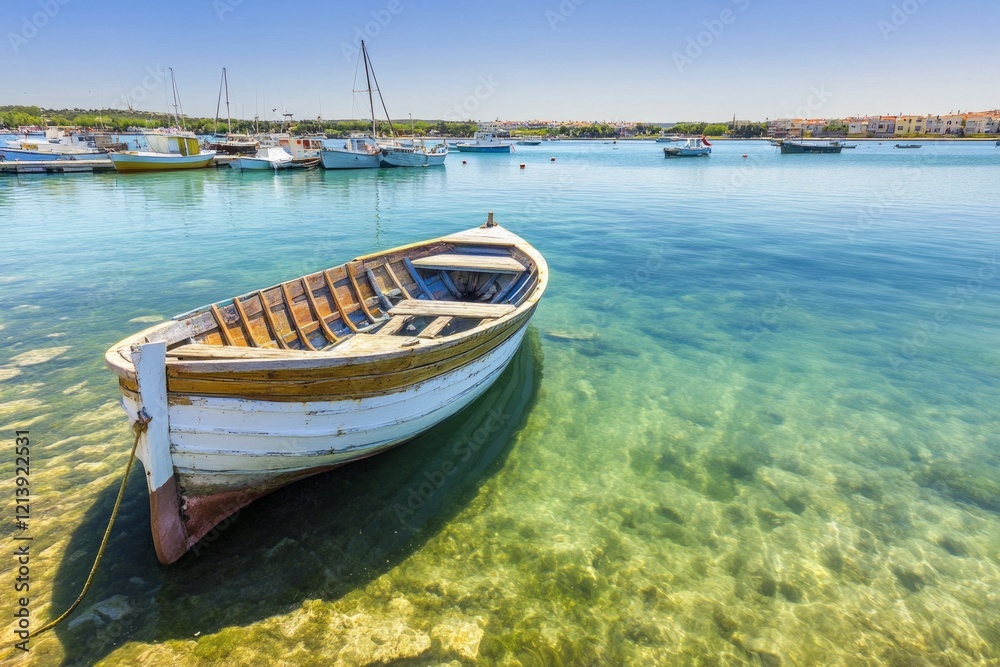 beautiful scenery with wooden fishing boat object with clear water and beautiful mountains beautiful scenery with wooden fishing boat object with clear water and beautiful mountains