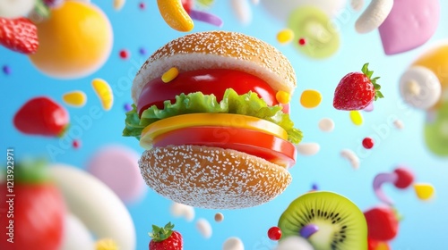 Colorful Floating Fast Food Burger with Fruits and Candies Surrounding It photo