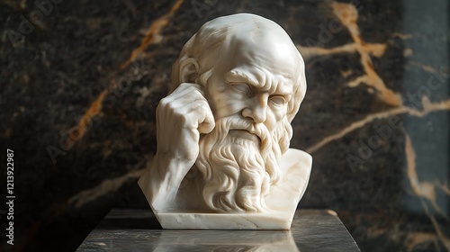 Marble sculpture of an ancient philosopher with profound expression