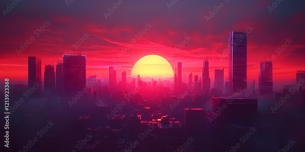 Fototapeta premium Dramatic Sunset Over a Futuristic Cityscape with Neon Lights