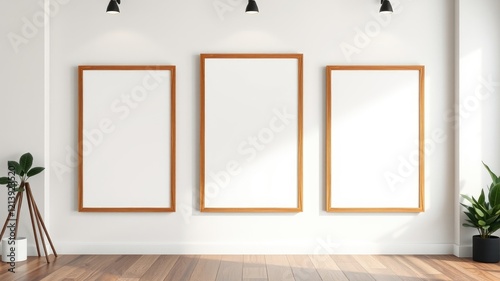 Three empty wooden frames on a minimalist white wall with hardwood floor and potted plants