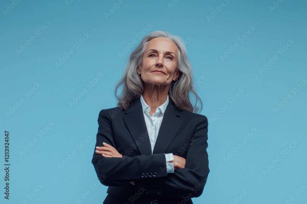 Confident old woman in business attire, isolated on sky blue background. Confident old woman in business attire, isolated on sky blue background.