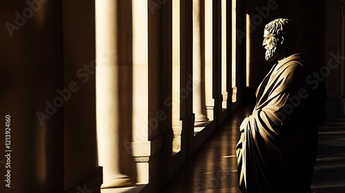 Ancient philosopher statue in a classical gallery with dramatic shadows