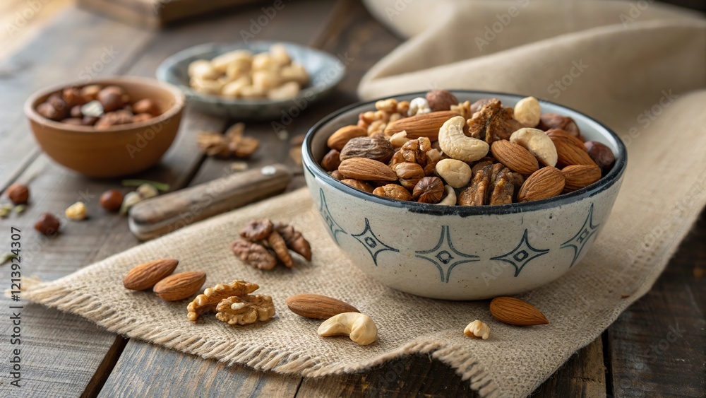 Delicious bowl of mixed nuts with almonds, walnuts, and cashews served on a rustic wooden table setting Delicious bowl of mixed nuts with almonds, walnuts, and cashews served on a rustic wooden table setting