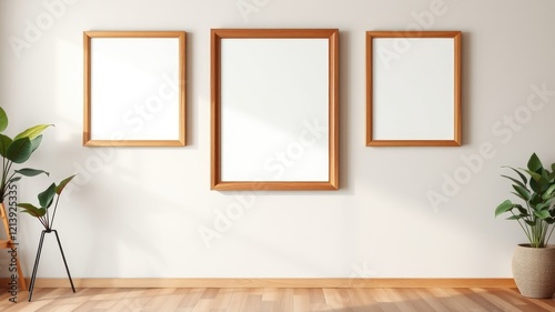 Modern minimalist interior featuring three blank wooden frames on a light wall, complemented by potted plants