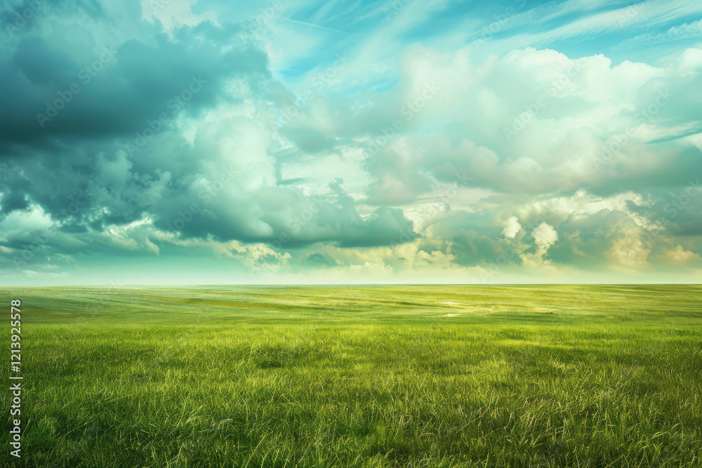 horizontal landscape image of a large green field under a cloudy sky horizontal landscape image of a large green field under a cloudy sky