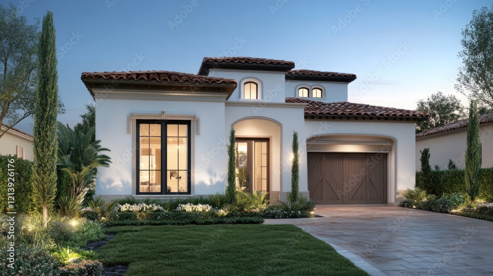 Fototapeta premium Mediterranean Style House Exterior Evening Lighting