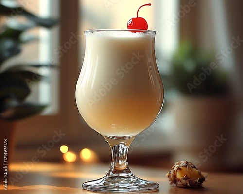 Creamy Pina Colada cocktail in hurricane glass with cherry. photo