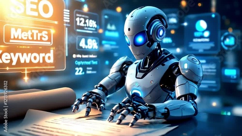 Futuristic Robot Working on SEO Keyword Research and Analytics Data  Artificial Intelligence in Digital Marketing